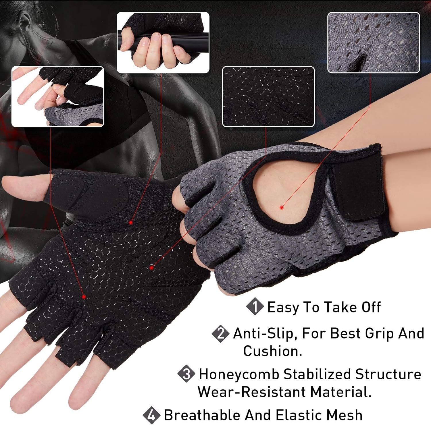 2 Pairs Workout Gloves Adjustable Weight Lifting Gym Exercise Training Breathable Workout Gloves with Full Palm Protection for Men and Women Fitness, Biking, Pull Up